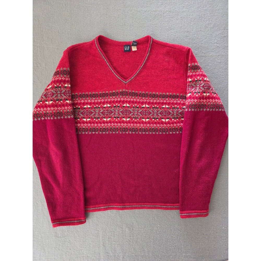 Gap Vintage Red Fair Isle V-Neck 100% Lambswool Sweater Womens Medium